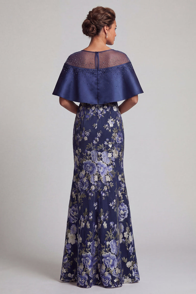 Load image into Gallery viewer, Navy Long Floral Mermaid Beaded Mother of the Bride Dress with Cape