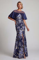 Load image into Gallery viewer, Navy Long Floral Mermaid Beaded Mother of the Bride Dress with Cape
