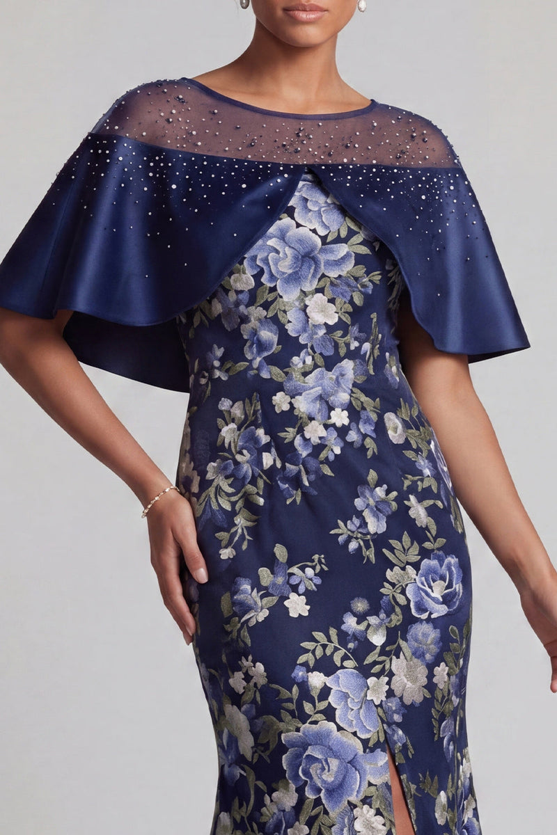 Load image into Gallery viewer, Navy Long Floral Mermaid Beaded Mother of the Bride Dress with Cape