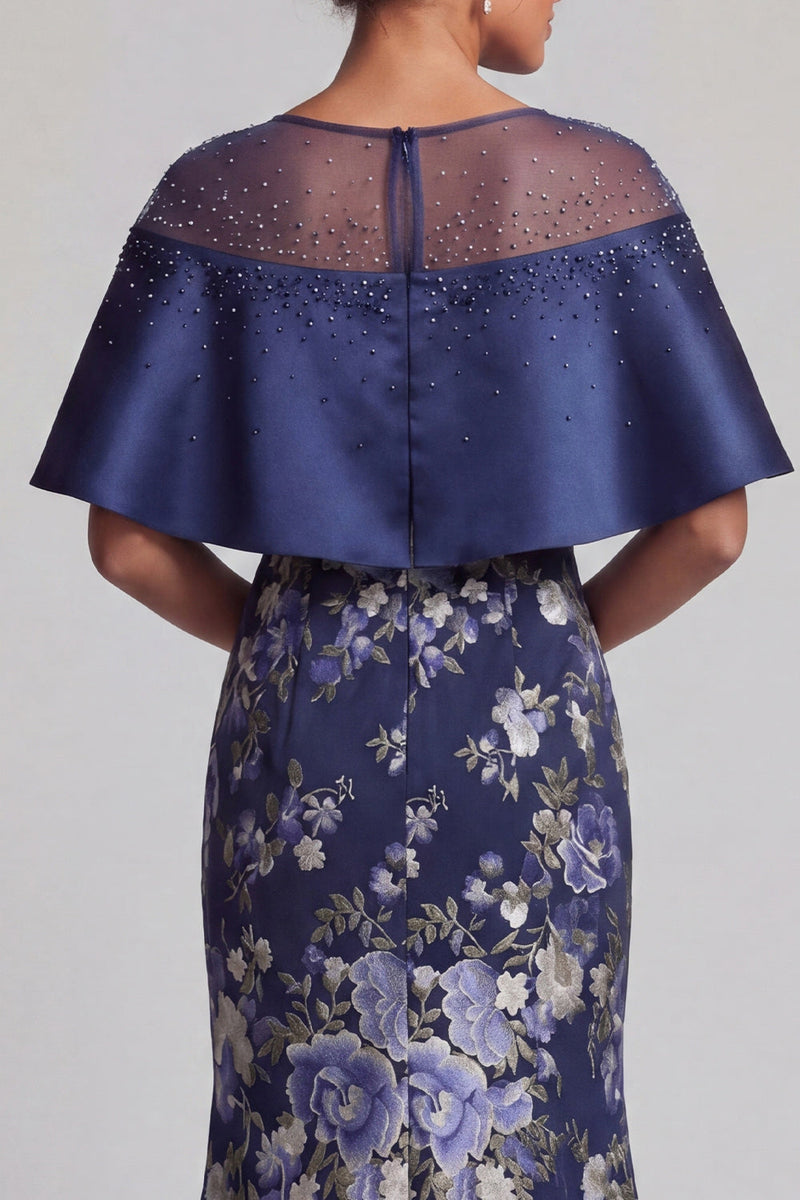 Load image into Gallery viewer, Navy Long Floral Mermaid Beaded Mother of the Bride Dress with Cape