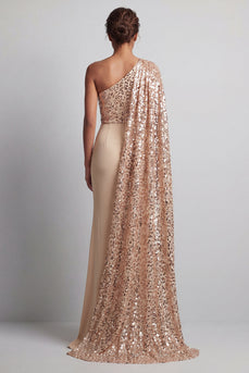 Champagne Mermaid Sparkly Long Beaded Mother of the Bride Dress with Side Cape