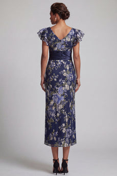Sheath Navy Floral Maxi Mother of the Bride Dress with Ruffles