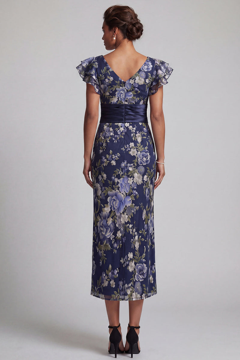 Load image into Gallery viewer, Sheath Navy Floral Maxi Mother of the Bride Dress with Ruffles