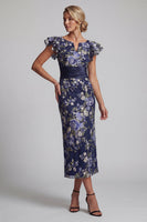 Load image into Gallery viewer, Sheath Navy Floral Maxi Mother of the Bride Dress with Ruffles