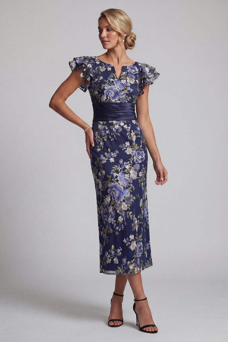 Load image into Gallery viewer, Sheath Navy Floral Maxi Mother of the Bride Dress with Ruffles