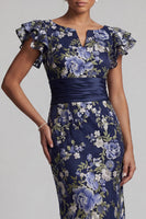 Load image into Gallery viewer, Sheath Navy Floral Maxi Mother of the Bride Dress with Ruffles