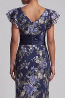 Load image into Gallery viewer, Sheath Navy Floral Maxi Mother of the Bride Dress with Ruffles