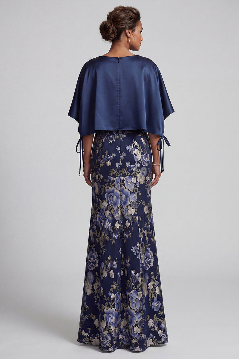Load image into Gallery viewer, V-Neck Mermaid Floral Long Navy Mother of the Bride Dress with Cape
