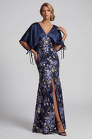 Load image into Gallery viewer, V-Neck Mermaid Floral Long Navy Mother of the Bride Dress with Cape