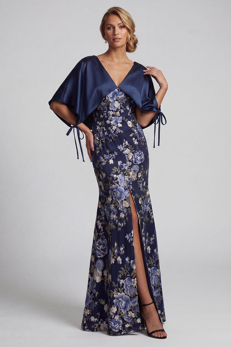 Load image into Gallery viewer, V-Neck Mermaid Floral Long Navy Mother of the Bride Dress with Cape