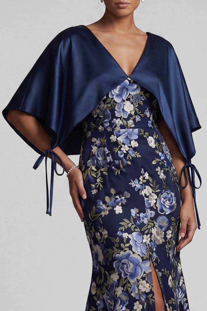 Load image into Gallery viewer, V-Neck Mermaid Floral Long Navy Mother of the Bride Dress with Cape