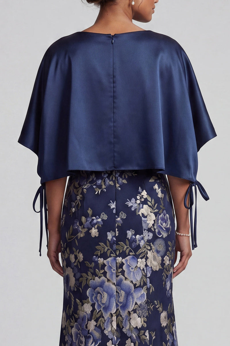 Load image into Gallery viewer, V-Neck Mermaid Floral Long Navy Mother of the Bride Dress with Cape