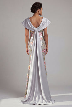 Sparkly V-Neck Sequin Floral Long Mermaid Silver Mother of the Bride Dress with Cape