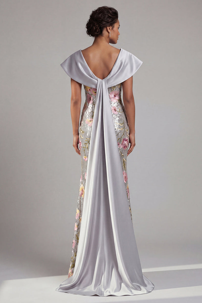 Load image into Gallery viewer, Sparkly V-Neck Sequin Floral Long Mermaid Silver Mother of the Bride Dress with Cape