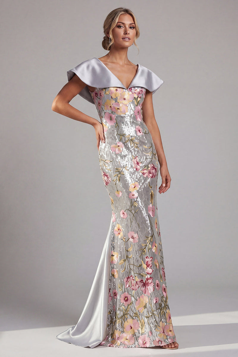 Load image into Gallery viewer, Sparkly V-Neck Sequin Floral Long Mermaid Silver Mother of the Bride Dress with Cape