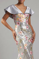 Load image into Gallery viewer, Sparkly V-Neck Sequin Floral Long Mermaid Silver Mother of the Bride Dress with Cape