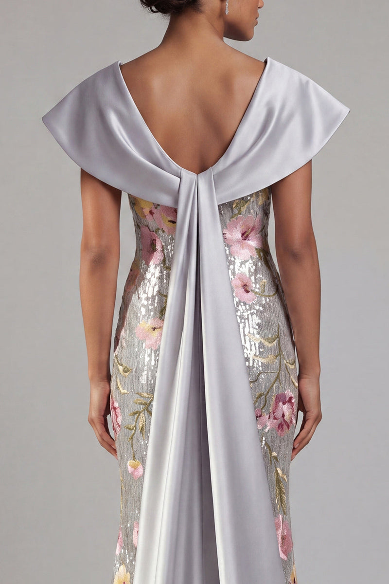 Load image into Gallery viewer, Sparkly V-Neck Sequin Floral Long Mermaid Silver Mother of the Bride Dress with Cape