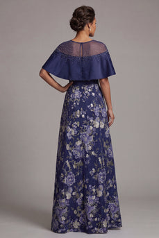 A Line Long Navy Beaded Floral Mother of the Bride Dress with Cape