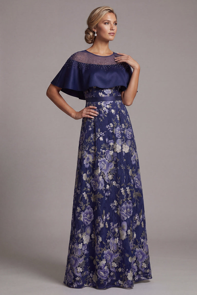 Load image into Gallery viewer, A Line Long Navy Beaded Floral Mother of the Bride Dress with Cape