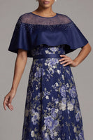 Load image into Gallery viewer, A Line Long Navy Beaded Floral Mother of the Bride Dress with Cape