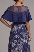 Load image into Gallery viewer, A Line Long Navy Beaded Floral Mother of the Bride Dress with Cape