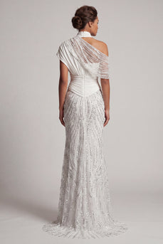 Long Sparkly White Mermaid Beaded Ruched Mother of the Bride Dress