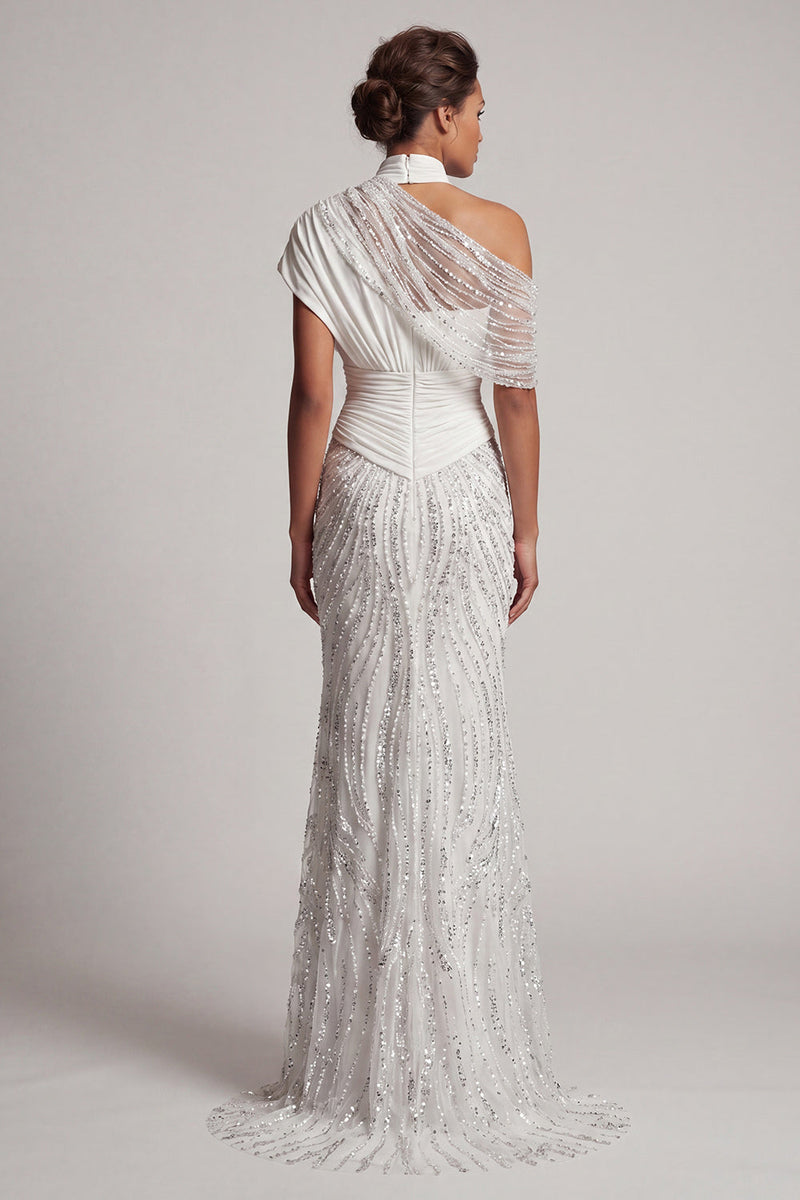 Load image into Gallery viewer, Long Sparkly White Mermaid Beaded Ruched Mother of the Bride Dress
