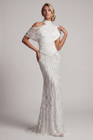 Load image into Gallery viewer, Long Sparkly White Mermaid Beaded Ruched Mother of the Bride Dress