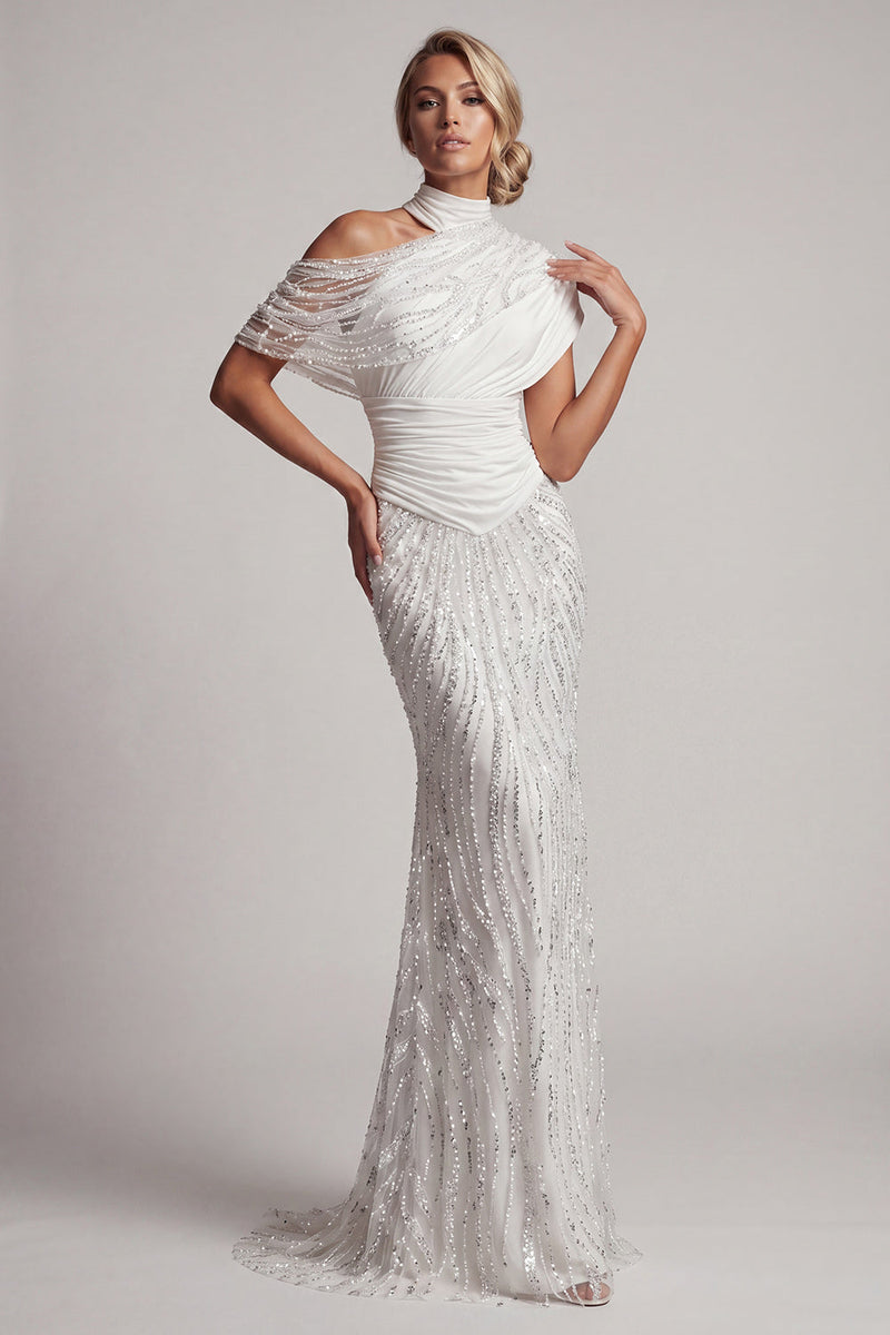 Load image into Gallery viewer, Long Sparkly White Mermaid Beaded Ruched Mother of the Bride Dress