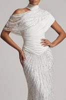 Load image into Gallery viewer, Long Sparkly White Mermaid Beaded Ruched Mother of the Bride Dress