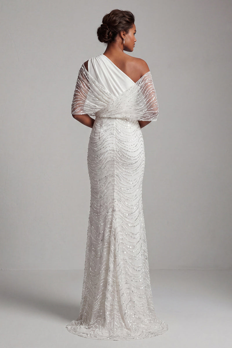 Load image into Gallery viewer, Sparkly White Long Mermaid Beaded Ruched Mother of the Bride Dress