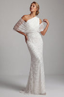 Load image into Gallery viewer, Sparkly White Long Mermaid Beaded Ruched Mother of the Bride Dress