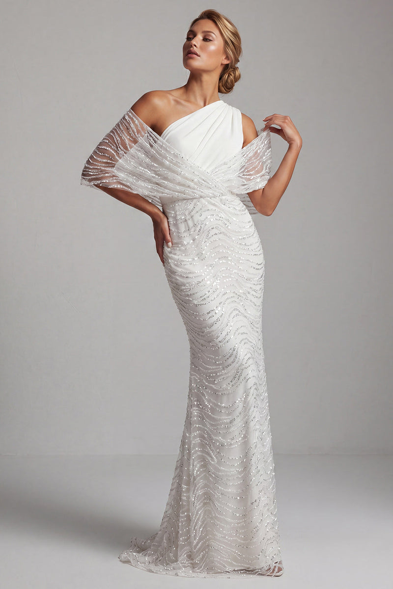 Load image into Gallery viewer, Sparkly White Long Mermaid Beaded Ruched Mother of the Bride Dress