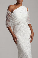 Load image into Gallery viewer, Sparkly White Long Mermaid Beaded Ruched Mother of the Bride Dress