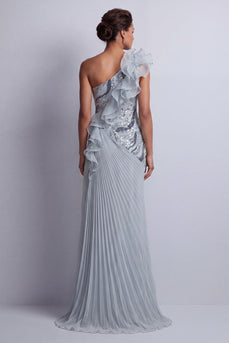Sheath Sparkly Dusty Blue Beaded Long Mother of the Bride Dress with Ruffles