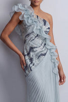 Load image into Gallery viewer, Sheath Sparkly Dusty Blue Beaded Long Mother of the Bride Dress with Ruffles