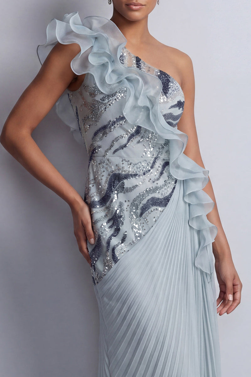 Load image into Gallery viewer, Sheath Sparkly Dusty Blue Beaded Long Mother of the Bride Dress with Ruffles