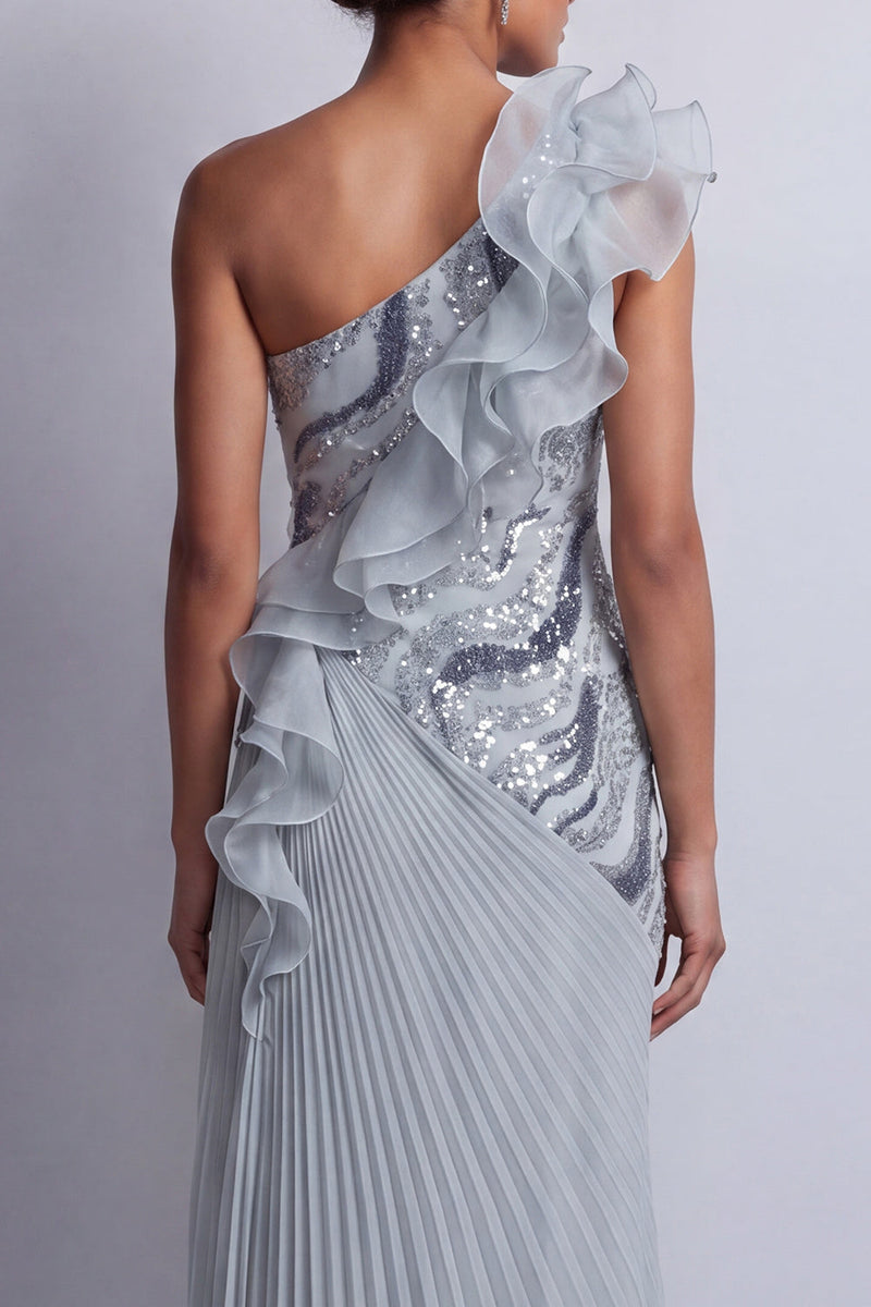 Load image into Gallery viewer, Sheath Sparkly Dusty Blue Beaded Long Mother of the Bride Dress with Ruffles