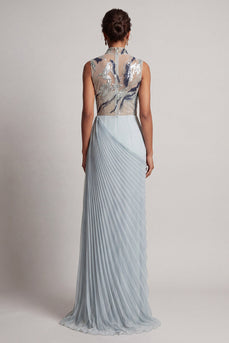 Sparkly Dusty Blue Sheath Beaded Long Mother of the Bride Dress with Pleats