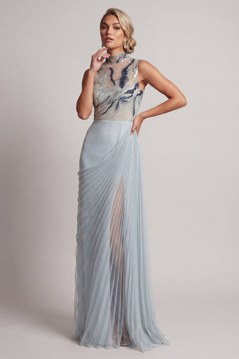Load image into Gallery viewer, Sparkly Dusty Blue Sheath Beaded Long Mother of the Bride Dress with Pleats