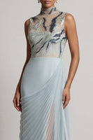 Load image into Gallery viewer, Sparkly Dusty Blue Sheath Beaded Long Mother of the Bride Dress with Pleats