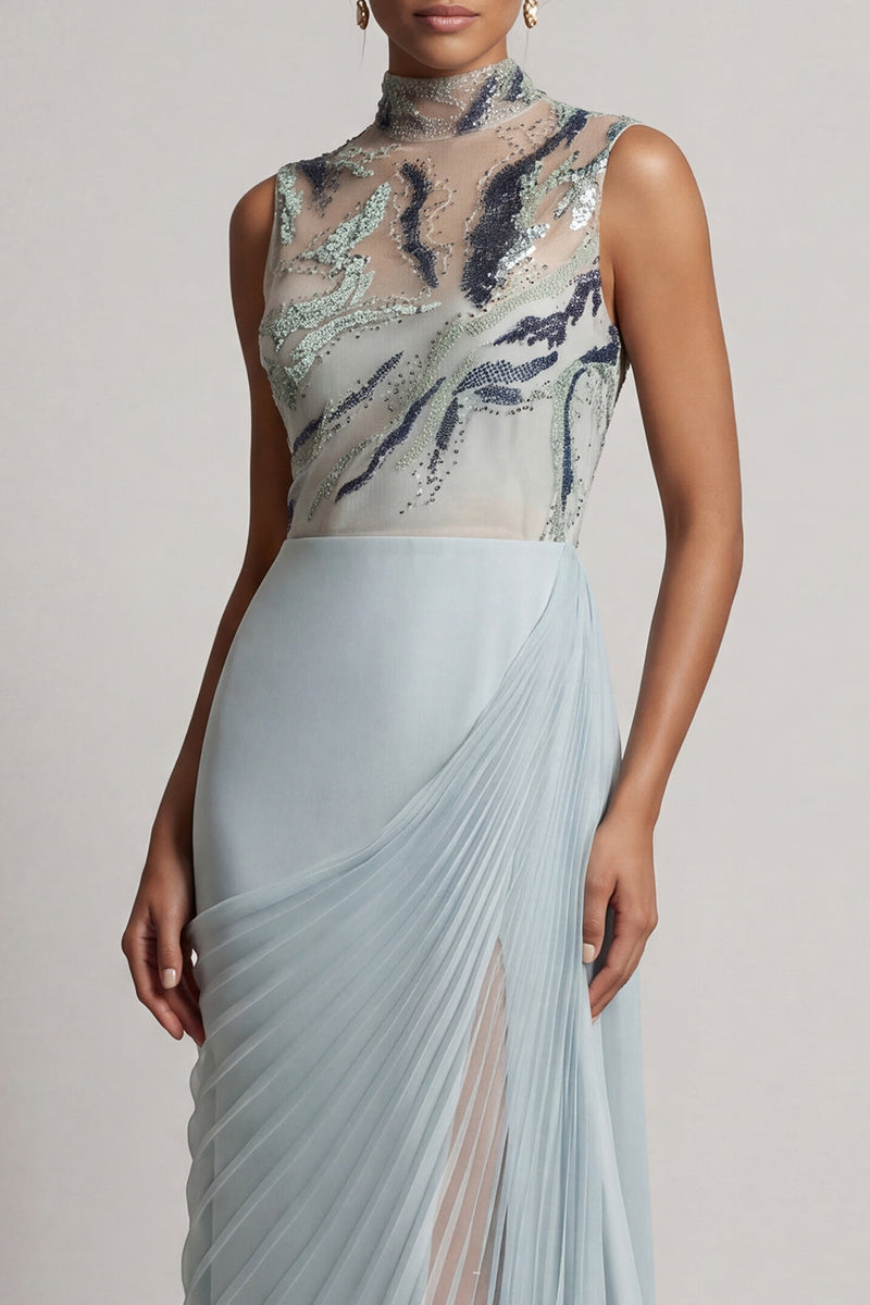 Load image into Gallery viewer, Sparkly Dusty Blue Sheath Beaded Long Mother of the Bride Dress with Pleats