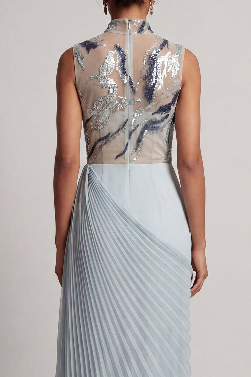 Load image into Gallery viewer, Sparkly Dusty Blue Sheath Beaded Long Mother of the Bride Dress with Pleats