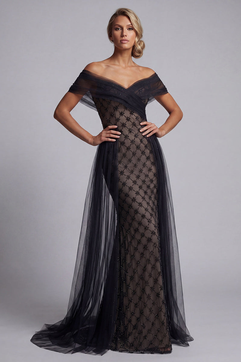 Load image into Gallery viewer, Sparkly Black Mermaid Beaded Long Mother of the Bride Dress with Cape