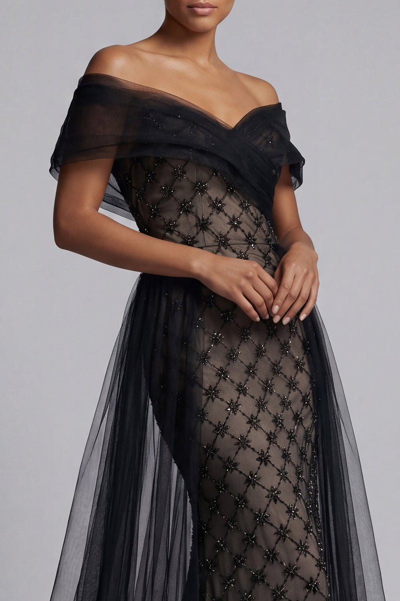 Load image into Gallery viewer, Sparkly Black Mermaid Beaded Long Mother of the Bride Dress with Cape