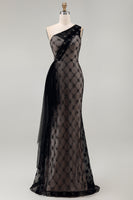 Load image into Gallery viewer, One Shoulder Sparkly Mermaid Black Beaded Long Mother of the Bride Dress with Ruffles