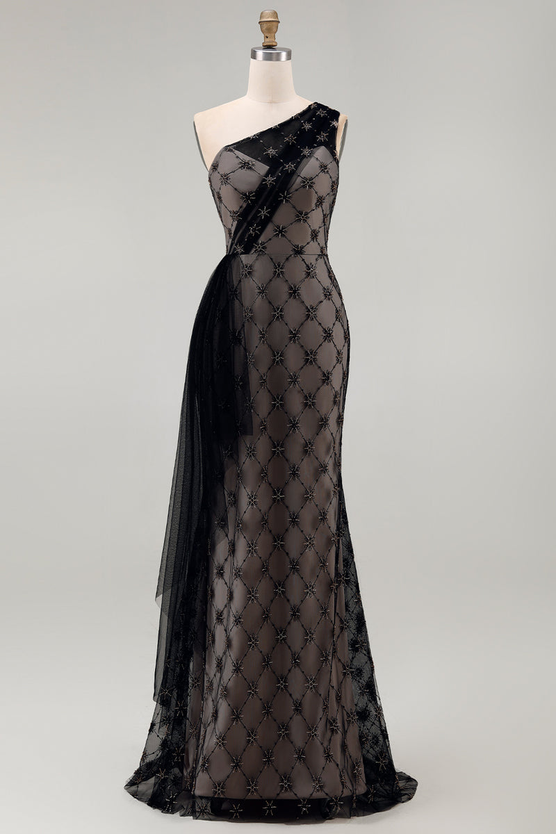 Load image into Gallery viewer, One Shoulder Sparkly Mermaid Black Beaded Long Mother of the Bride Dress with Ruffles