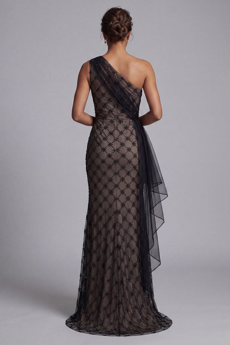 Load image into Gallery viewer, One Shoulder Sparkly Mermaid Black Beaded Long Mother of the Bride Dress with Ruffles