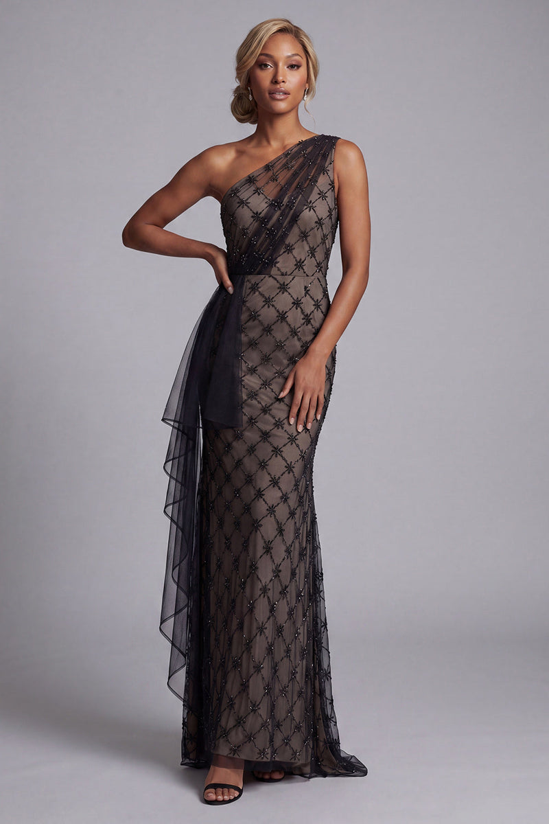 Load image into Gallery viewer, One Shoulder Sparkly Mermaid Black Beaded Long Mother of the Bride Dress with Ruffles