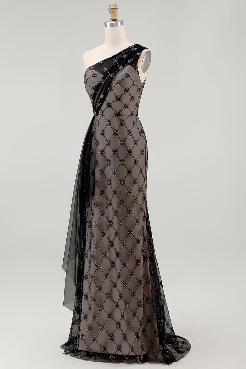 Load image into Gallery viewer, One Shoulder Sparkly Mermaid Black Beaded Long Mother of the Bride Dress with Ruffles